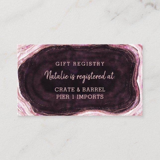Burgundy & Rose Gold Geode Shower Gift Registry Enclosure Card (Front)