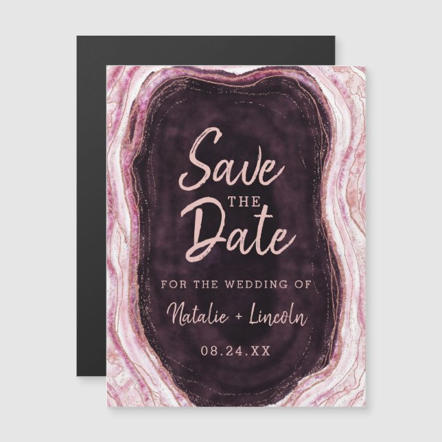 Burgundy & Rose Gold Geode Wedding Save the Date Magnetic Invitation (Front/Back)