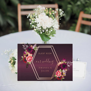Burgundy rose gold geometric pink florals wedding  guest book