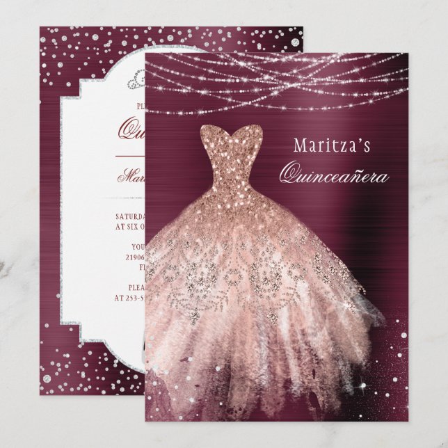 Burgundy Rose Gold Glam Diamond Quinceañera Invitation (Front/Back)