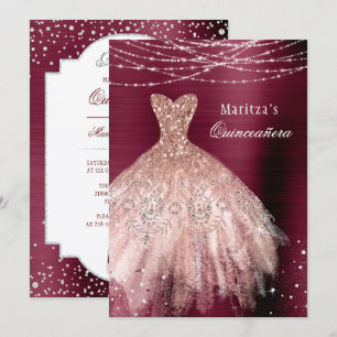 Burgundy Rose Gold Glam Diamond Quinceañera Invitation