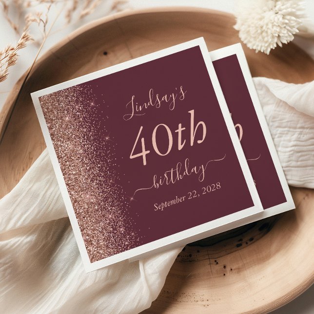Burgundy Rose Gold Glitter 40th Birthday Party Napkin (Creator Uploaded)