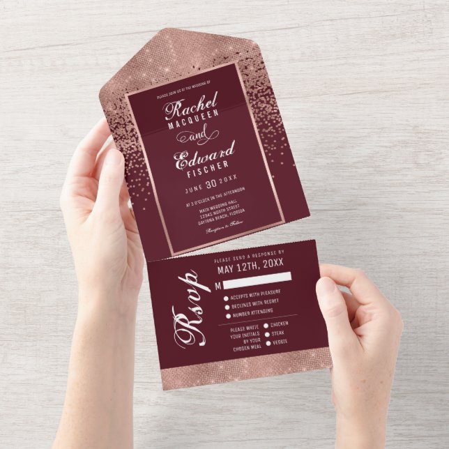 Burgundy Rose Gold Glitter Confetti Wedding RSVP All In One Invitation (Tearaway)