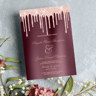 Burgundy rose gold glitter drips glamourous weddin invitation