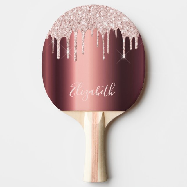 Burgundy rose gold glitter drips name glamourous ping pong paddle (Front)
