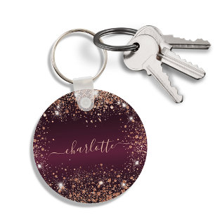 Burgundy rose gold glitter dust name script key ring