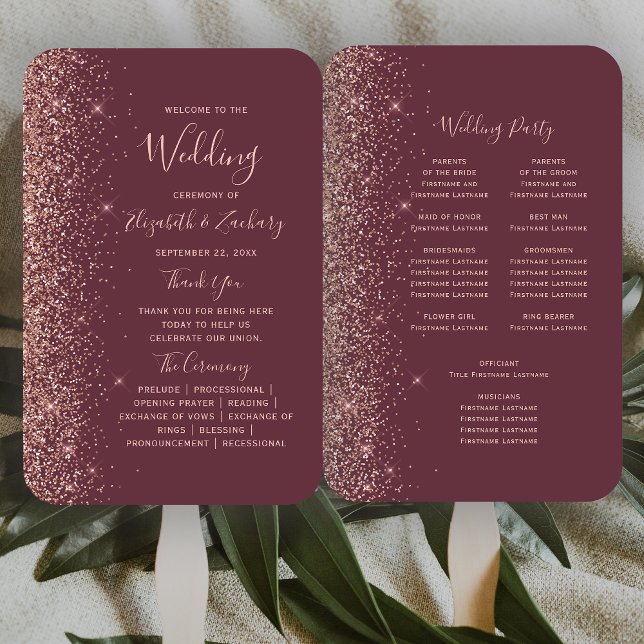 Burgundy Rose Gold Glitter Edge Wedding Program Hand Fan (Creator Uploaded)