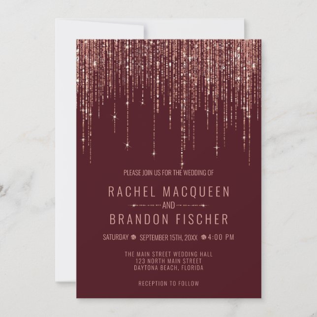 Burgundy Rose Gold Glitter Fringe Curtain Wedding  Invitation (Front)