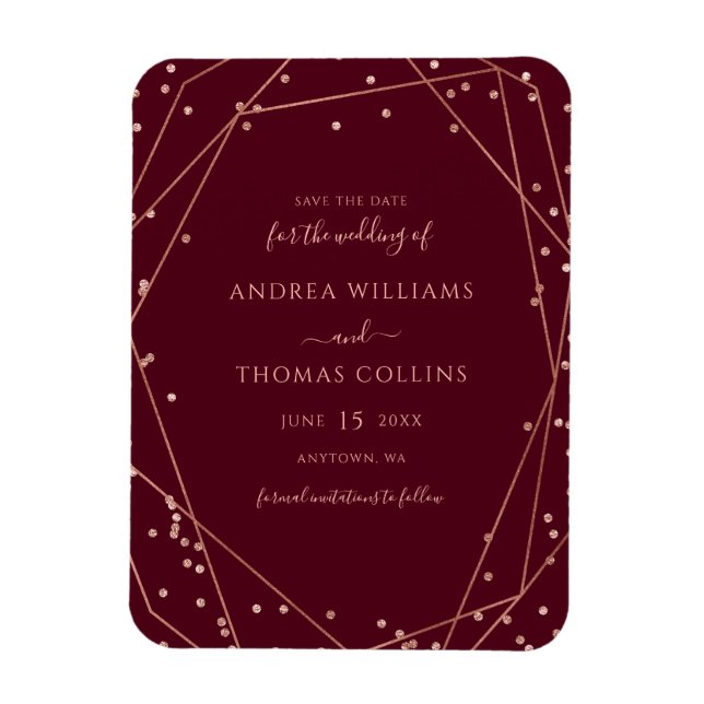 Burgundy Rose Gold Glitter Geometric Save the Date Magnet (Vertical)