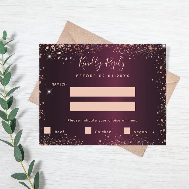 Burgundy rose gold glitter meal RSVP card (Creator Uploaded)