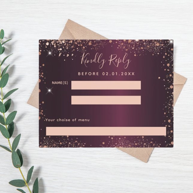 Burgundy rose gold glitter menu RSVP card (Creator Uploaded)