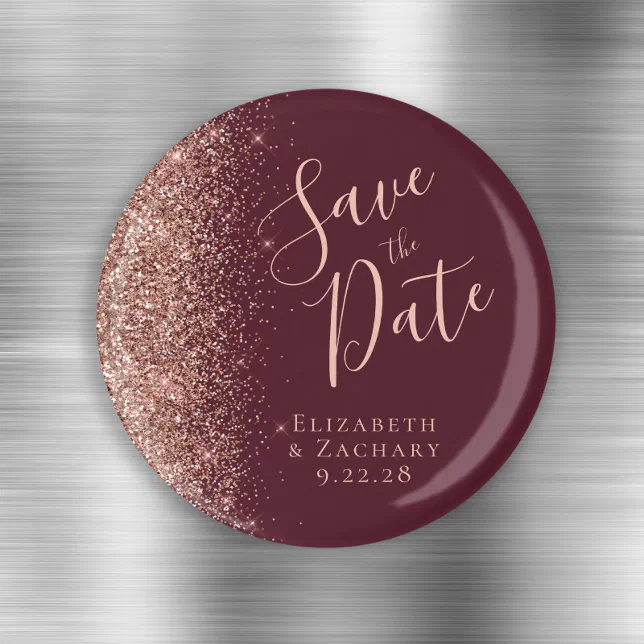 Burgundy Rose Gold Glitter Script Save The Date Magnet Zazzle