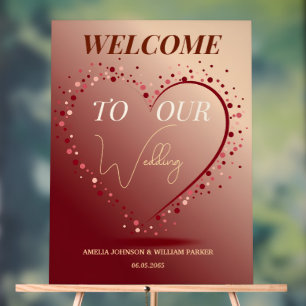 Burgundy Rose Gold Heart Confetti Wedding Welcome Acrylic Sign