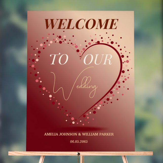 Burgundy Rose Gold Heart Confetti Wedding Welcome Acrylic Sign (Neutral)