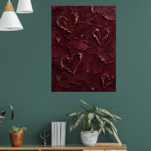 Burgundy & Rose Gold Heart Textured Abstract Poster