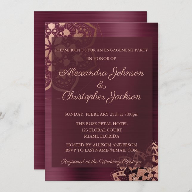 Burgundy & Rose Gold Mandala Engagement Party Invitation (Front/Back)