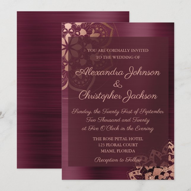 Burgundy & Rose Gold Mandala Wedding Invitation (Front/Back)