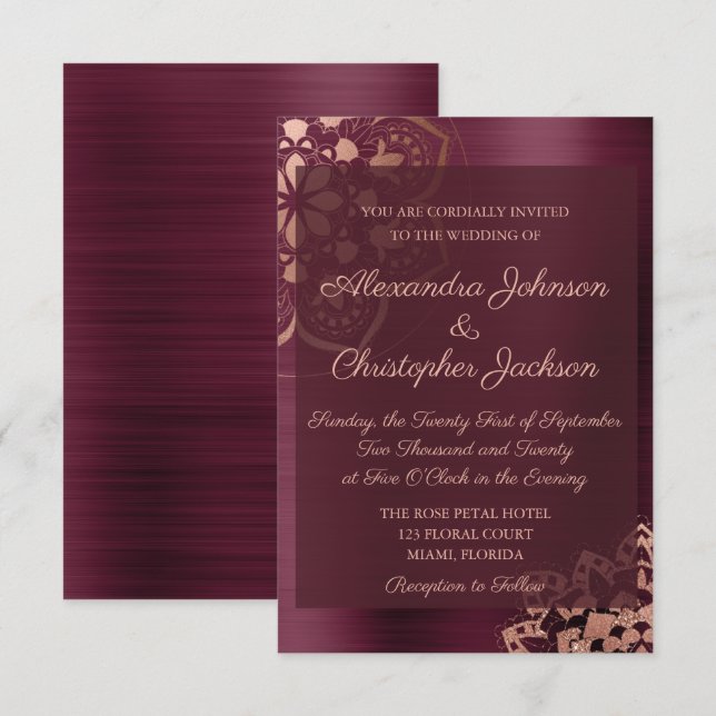 Burgundy & Rose Gold Mandala Wedding Invitation (Front/Back)