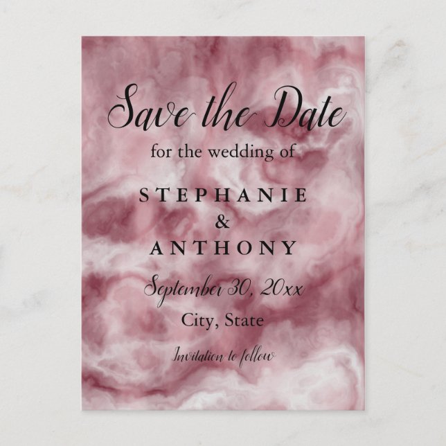 Burgundy, Rose Gold Marble Wedding Save the Date Invitation Postcard (Front)