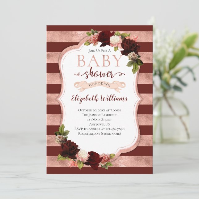 Burgundy Rose Gold Marsala Baby Shower Invitation (Standing Front)