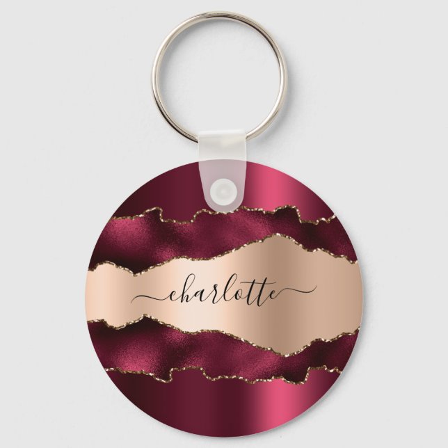 Burgundy rose gold metal agate marble name script key ring (Front)