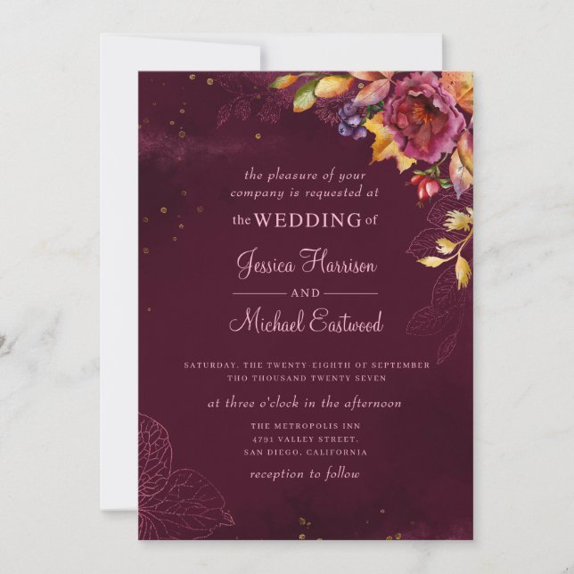 Burgundy Rose Gold Monogram Floral Fall Wedding Invitation (Front)