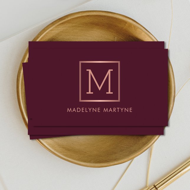 Burgundy Rose Gold Monogram Modern Elegant  Business Card (Creator Uploaded)