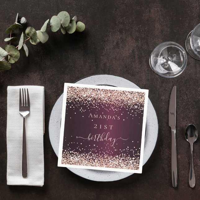 Burgundy rose gold name script birthday napkin (Creator Uploaded)