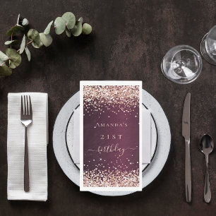 Burgundy rose gold name script birthday napkin