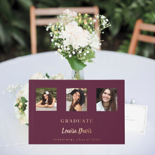 Burgundy rose gold name script photo Graduation Guest Book