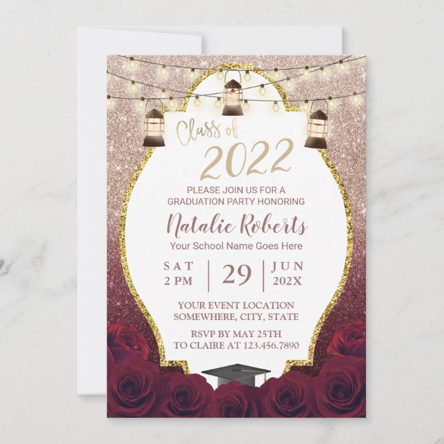 Burgundy Rose Gold Ombre Lantern Flower Graduation Invitation (Front)