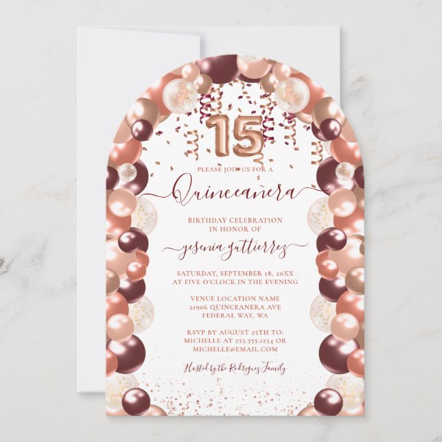 Burgundy Rose Gold Quinceañera Glitter Balloon Invitation (Front)