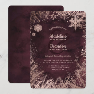 Burgundy & Rose Gold Snowflakes Holiday Wedding Invitation
