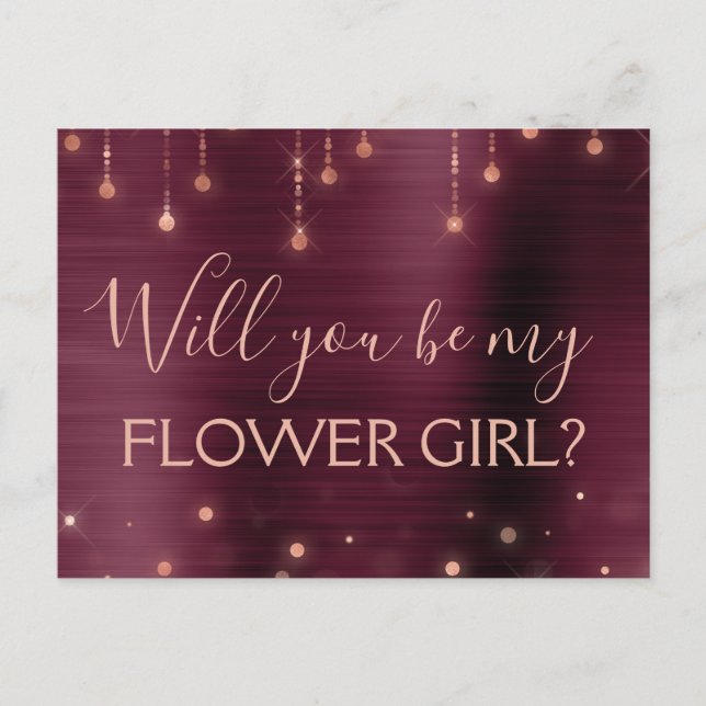 Burgundy Rose Gold  Sparkle Flower Girl Invitation Postcard (Front)