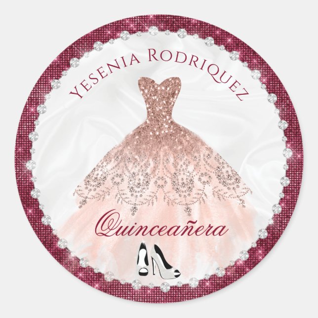 Burgundy Rose Gold Sparkle Glam Quinceañera Classic Round Sticker (Front)