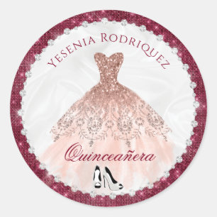 Burgundy Rose Gold Sparkle Glam Quinceañera Classic Round Sticker