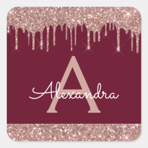 Burgundy Rose Gold Sparkle Glitter Monogram Square Sticker