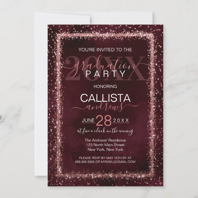 Burgundy Rose Gold Sprinkled Confetti Graduation Invitation (Front)