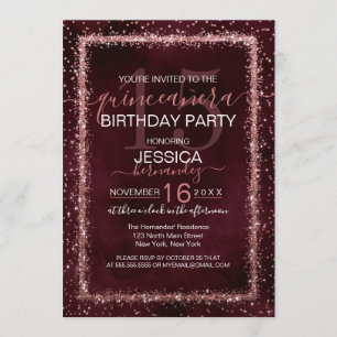 Burgundy Rose Gold Sprinkled Confetti Quinceañera Invitation