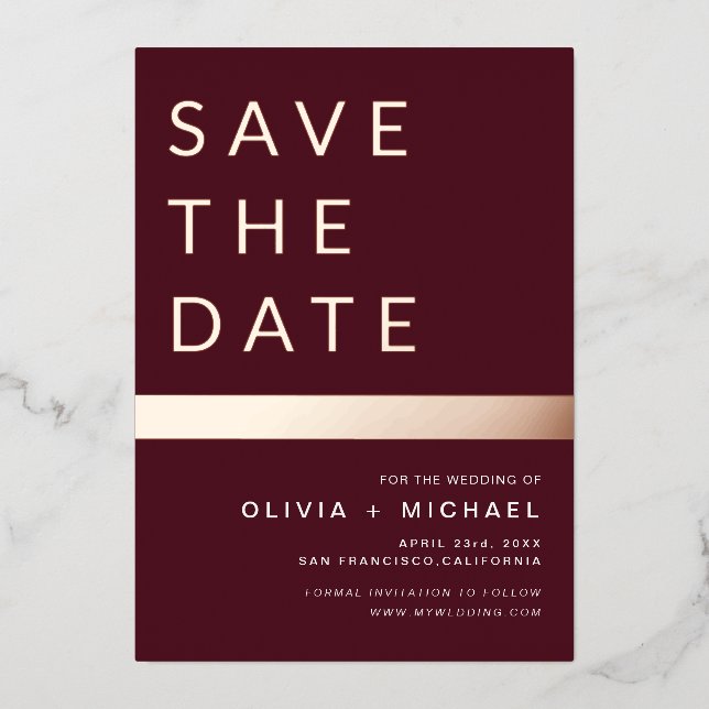 Burgundy  Rose Gold Stripe Save the Date Elegant (Front)