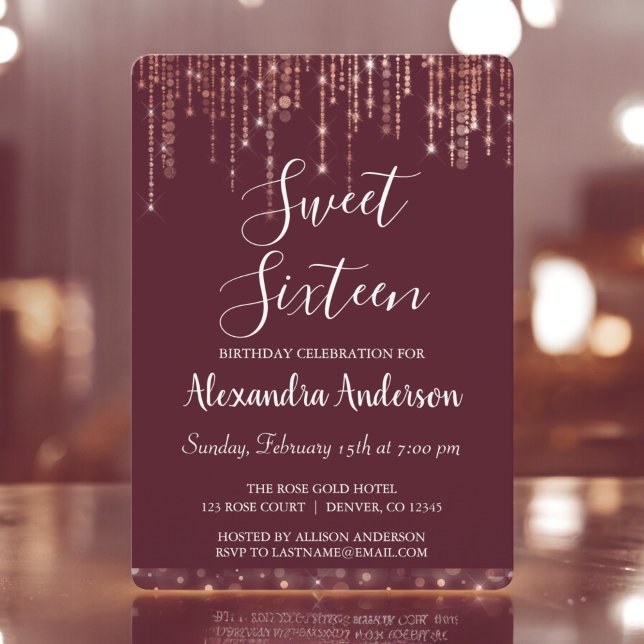 Burgundy Rose Gold Sweet Sixteen Birthday Invitation (Creator Uploaded)
