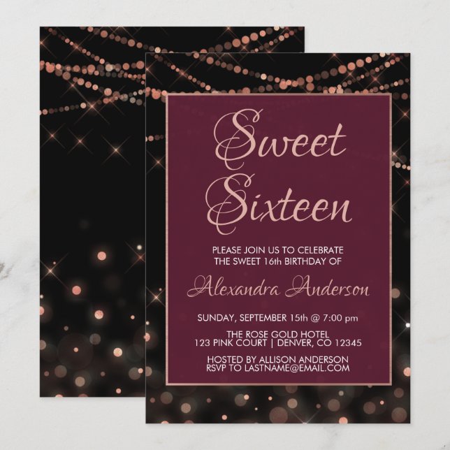 Burgundy Rose Gold Sweet Sixteen Birthday Invitation (Front/Back)