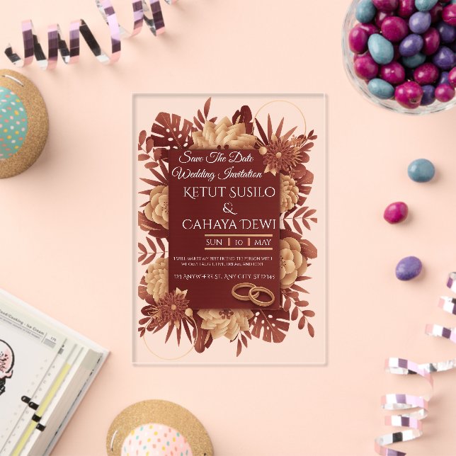 Burgundy rose gold union frame acrylic invitations (Insitu (Celebration))