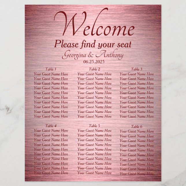Burgundy Rose Gold Wedding Table Seating Chart (Front)