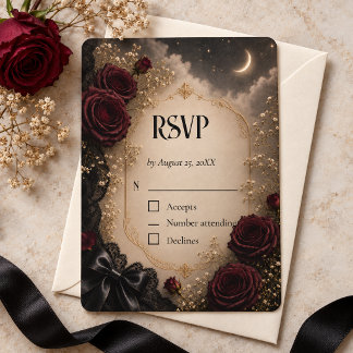 Burgundy Rose Gothic Moon Wedding RSVP Card