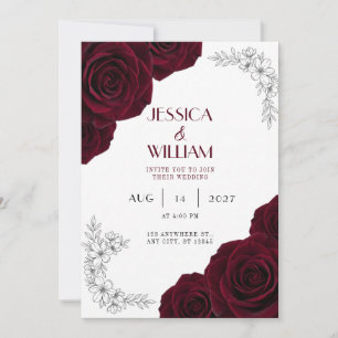 Burgundy Rose Line Art Sketch Invitation
