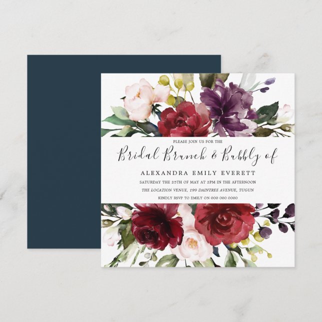 Burgundy Rose Modern Bridal Shower Brunch & Bubbly Invitation (Front/Back)