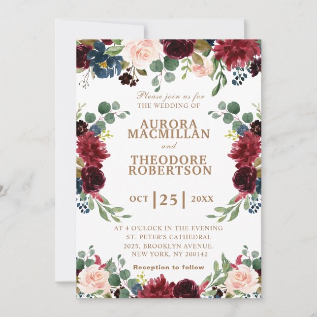 Burgundy Rose Navy Blush Unique Wedding Invitation (Front)