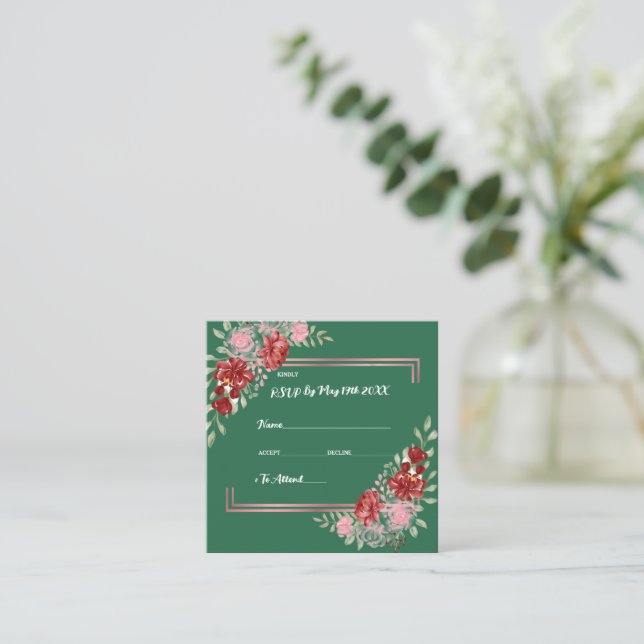 Burgundy & Rose on Green Floral Wedding Enclosure Card (Standing Front)