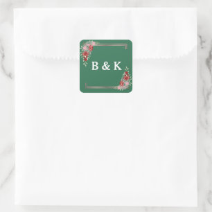 Burgundy & Rose on Green Floral Wedding Square Sticker